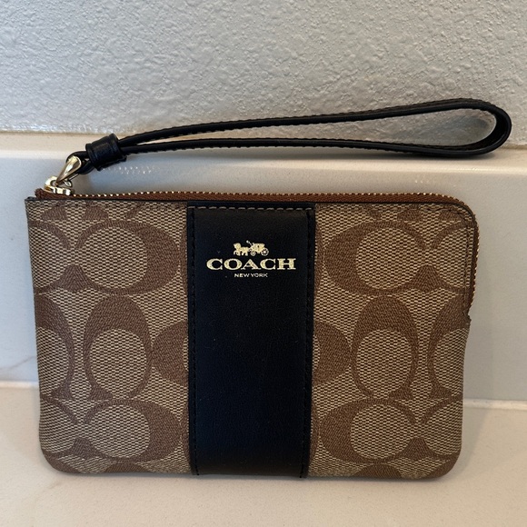 Coach Brown Signature Canvas Wristlet with Black Center Stripe - Picture 2 of 4